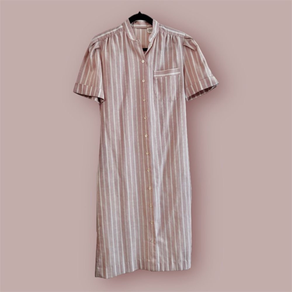 Vintage Pink & White Vertical Stripe Shirt Dress – Union Made USA – Size 6